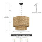 Lampada a sospensione tradizionale a tamburo in rattan naturale a 4 luci con baldacchino nero - Nero/terroso - 20 pollici di larghezza