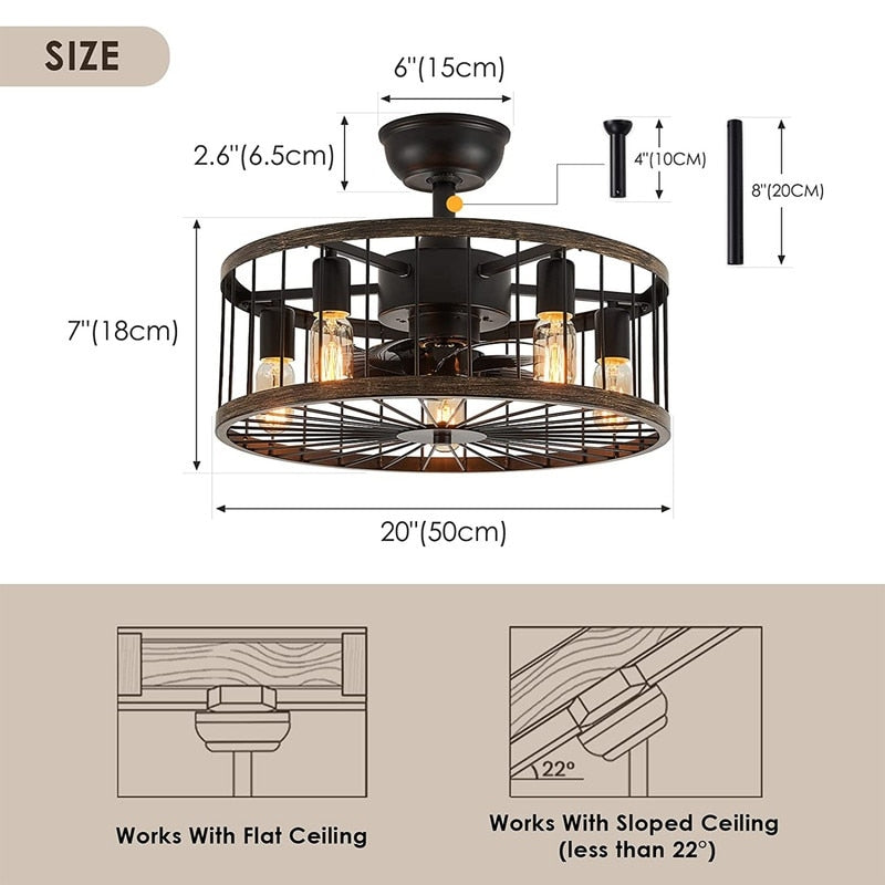 Ventilatore da soffitto a basso profilo da 20 pollici, moderno, con finitura in legno da fattoria, con luce e telecomando