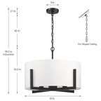 Lampadario a sospensione nero opaco da 22 pollici a 4 luci con paralume a tamburo bianco - 22 W
