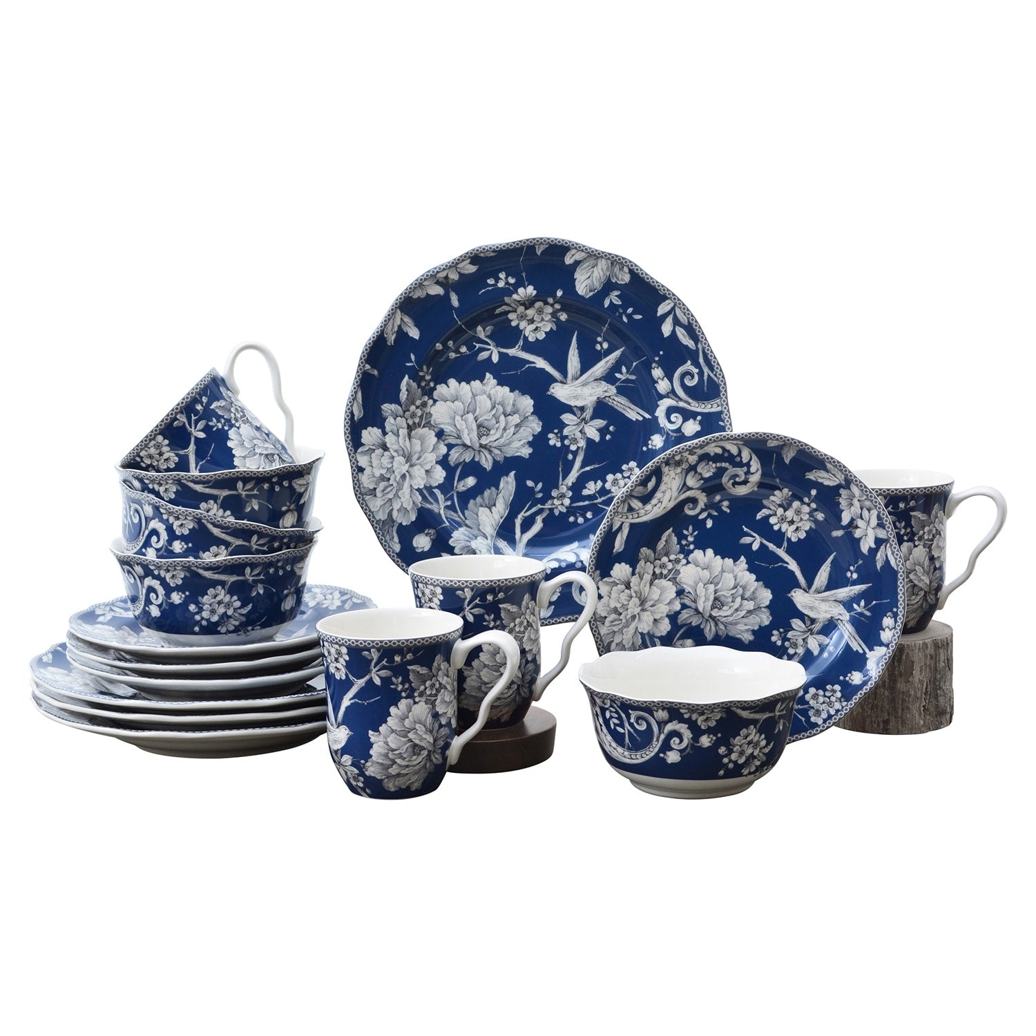 222 Fifth Adelaide Set di stoviglie in porcellana da 16 pezzi con piatti rotondi, ciotole e tazze, blu scuro
