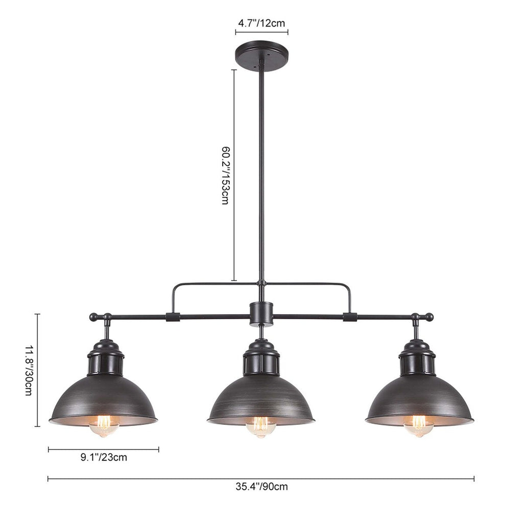Lampada a sospensione a cupola industriale a 3 luci, in metallo, lineare, per isola da cucina, finitura in bronzo oliato