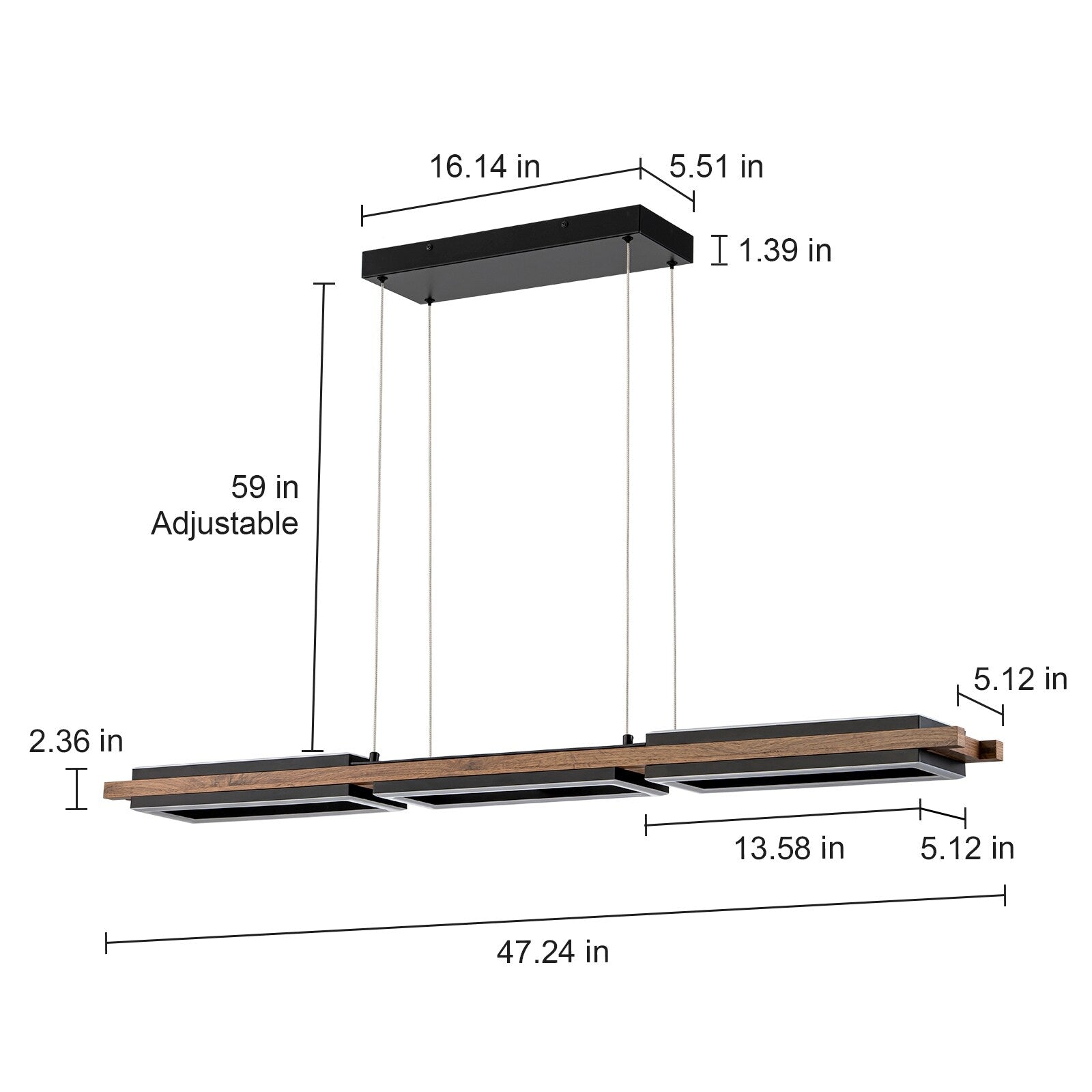 Lampadario lineare in legno a LED integrato da 3/5 luci per isola da cucina
