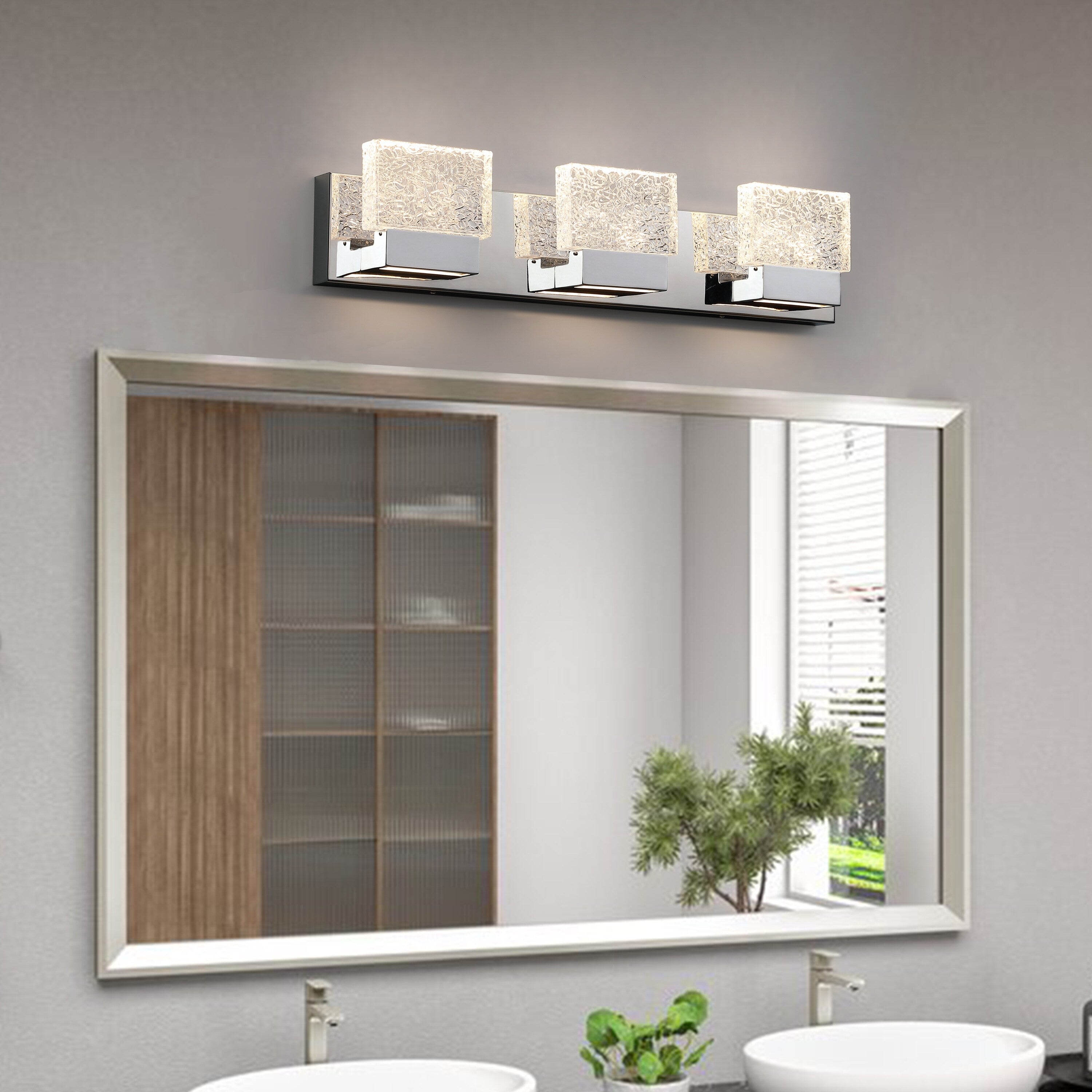 Lampada da toeletta a LED integrata in acciaio inossidabile 3000K Cattleya con paralumi in vetro artistico - Cromata
