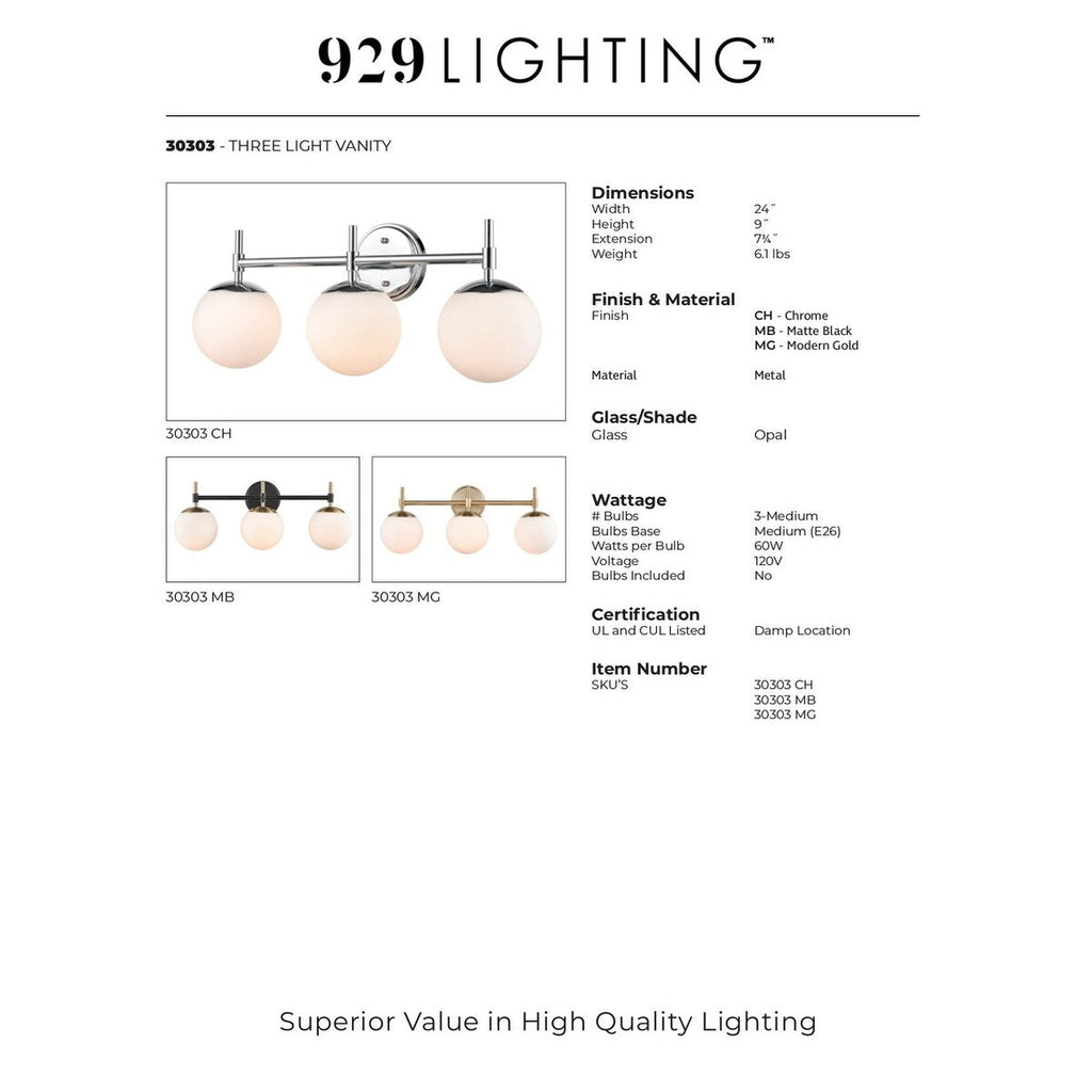 Lampada da bagno a 3 luci 929 Lighting in più finiture con paralumi in vetro opalino