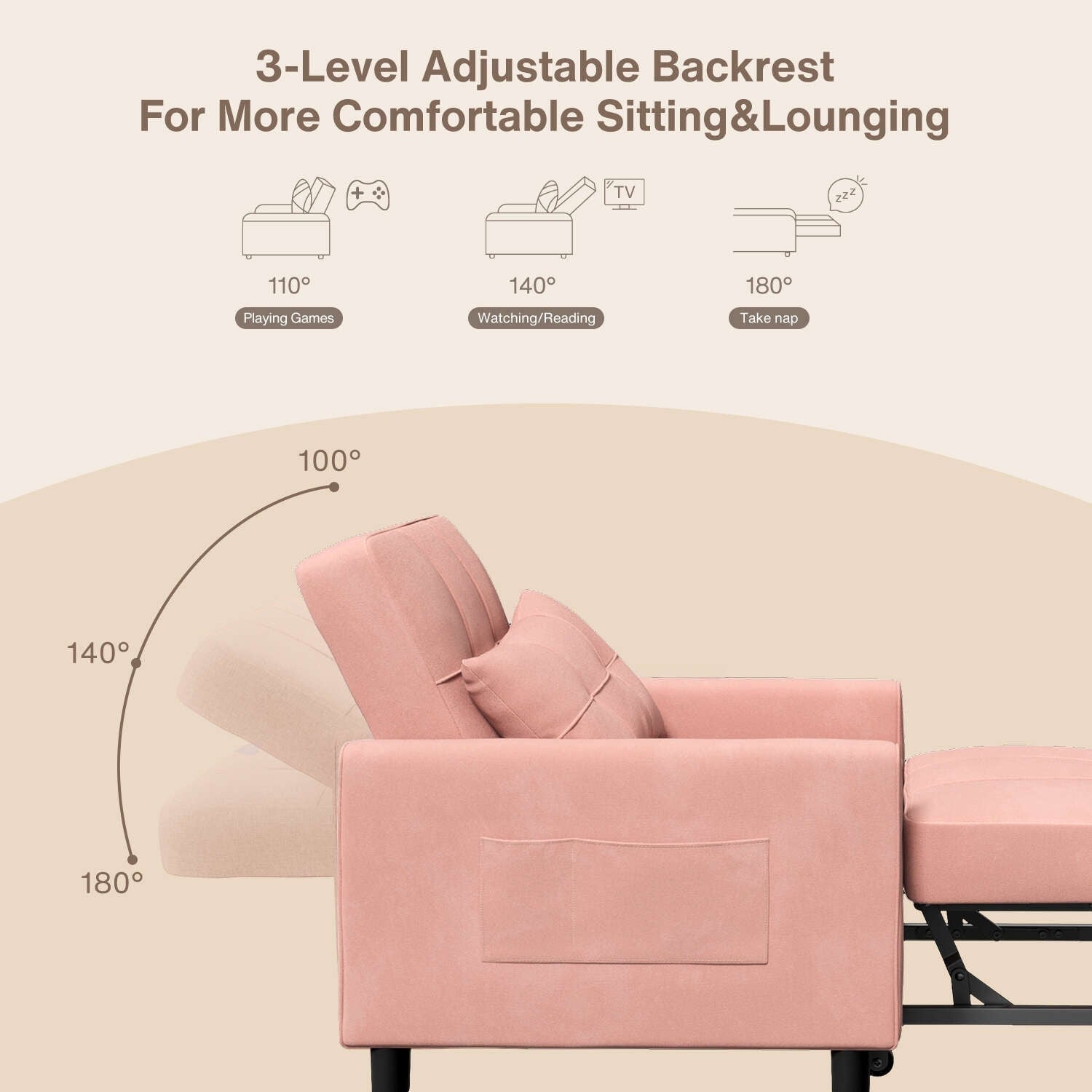 Divano letto regolabile 3 in 1, divano con poltrona estraibile, letto pieghevole convertibile per soggiorno