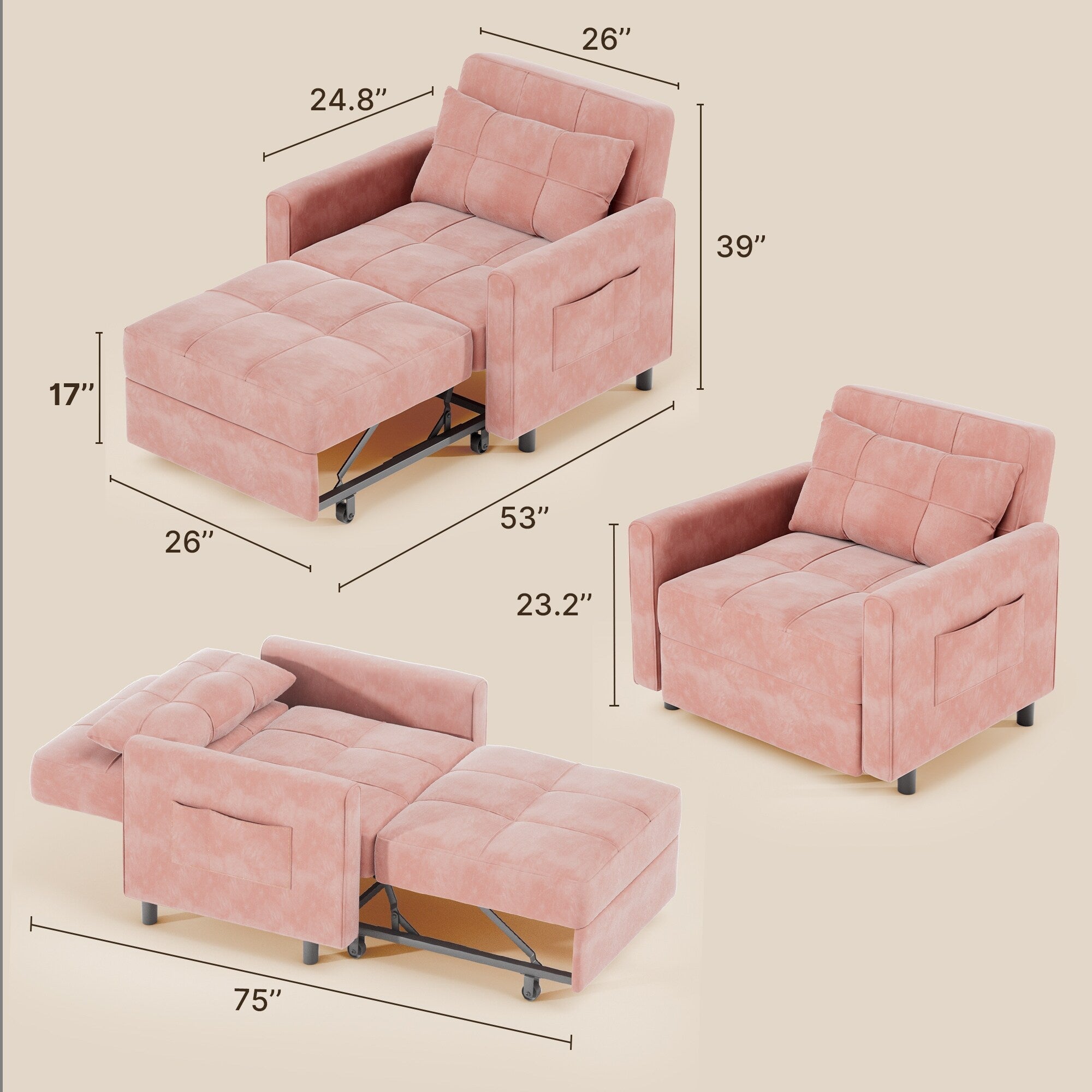 Divano letto regolabile 3 in 1, divano con poltrona estraibile, letto pieghevole convertibile per soggiorno