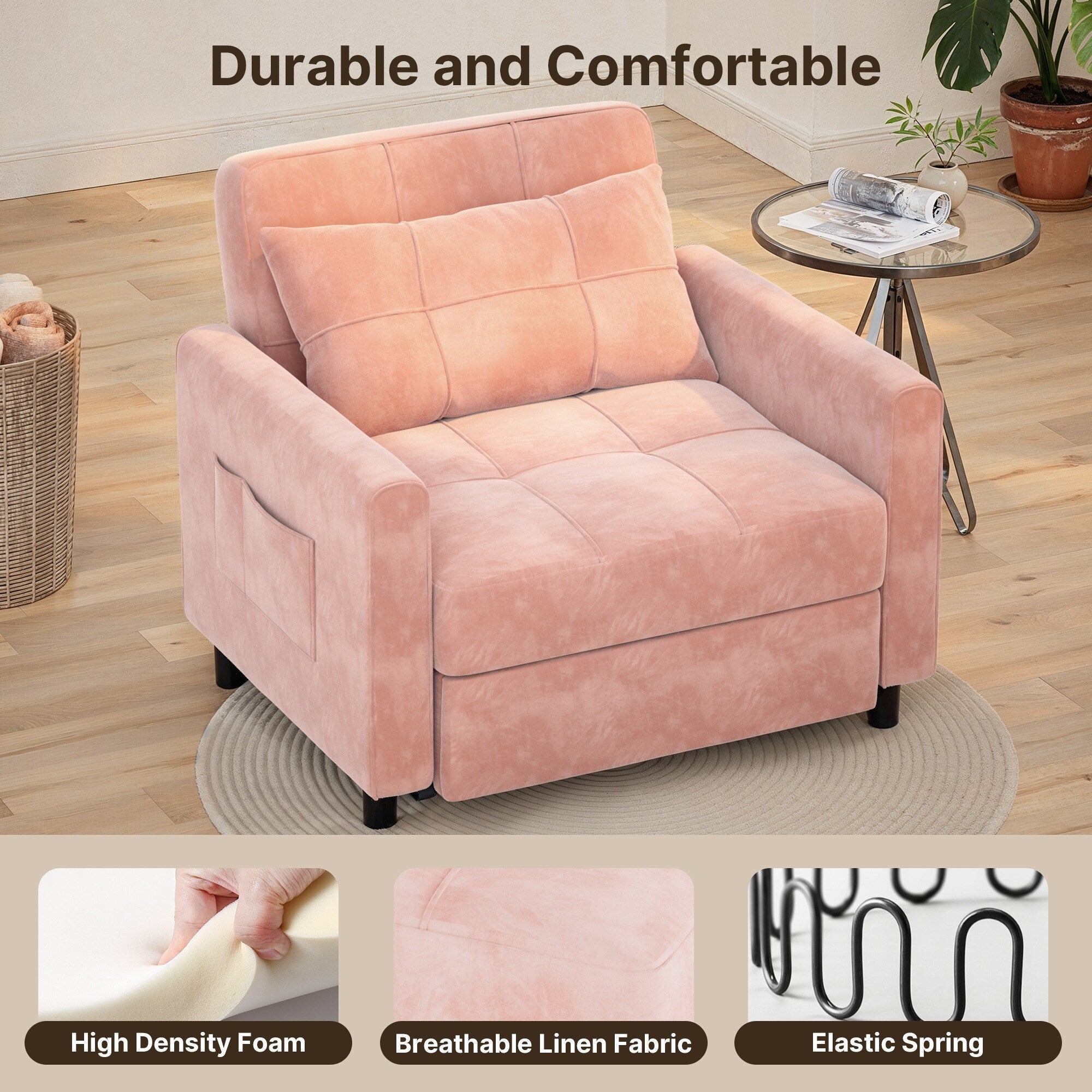 Divano letto regolabile 3 in 1, divano con poltrona estraibile, letto pieghevole convertibile per soggiorno