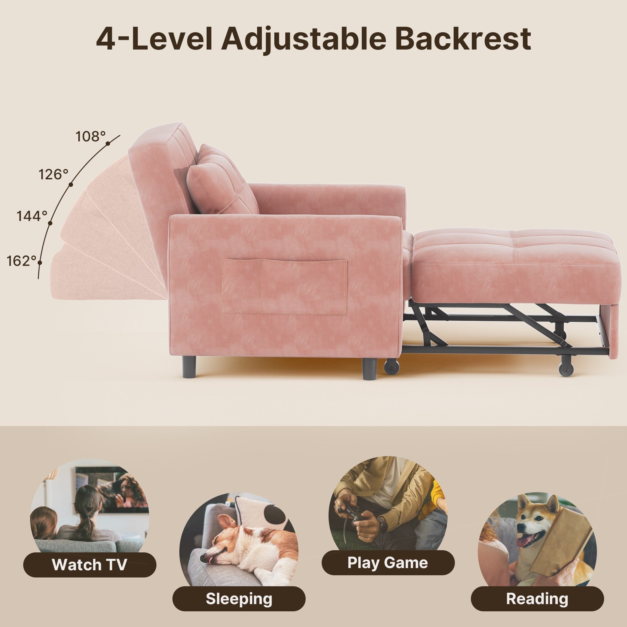 Divano letto regolabile 3 in 1, divano con poltrona estraibile, letto pieghevole convertibile per soggiorno