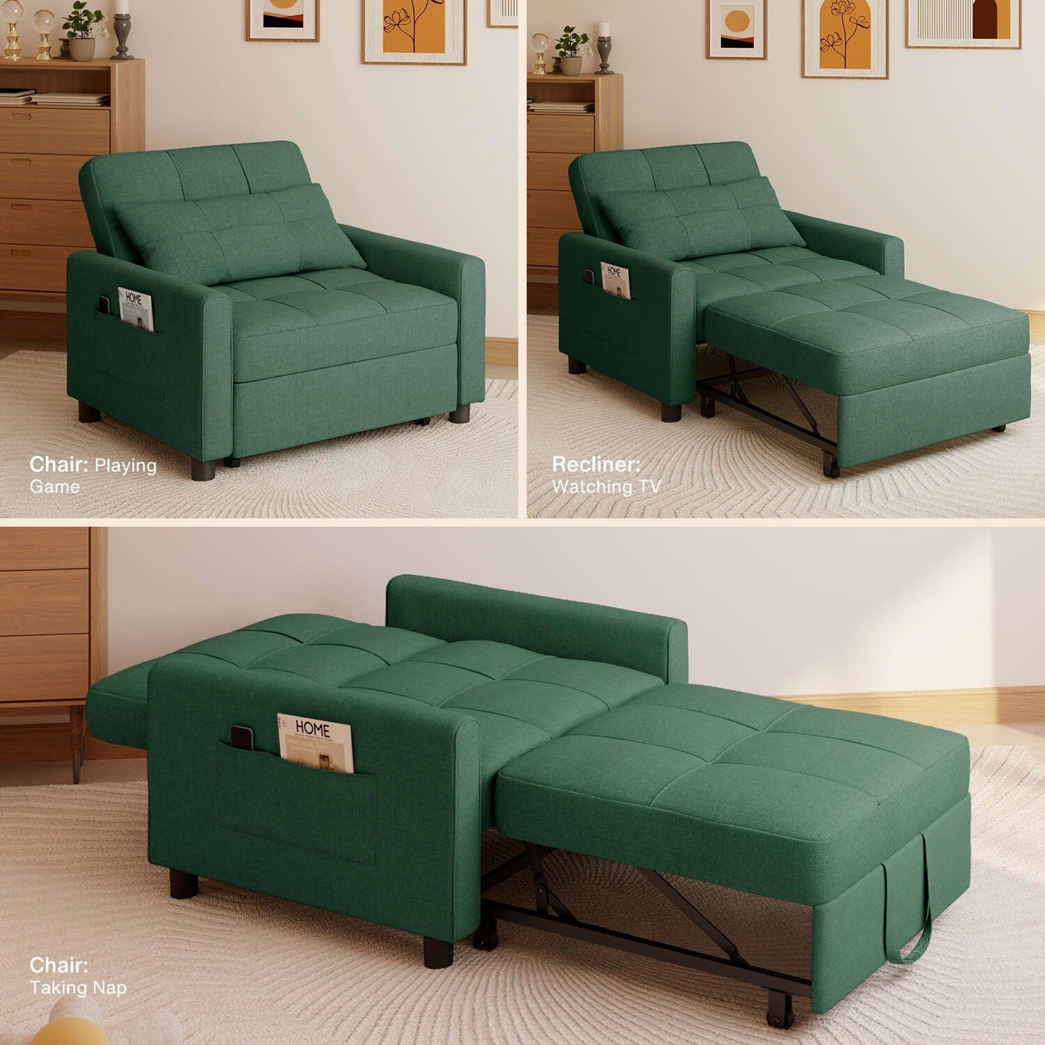 Divano letto regolabile 3 in 1, divano con poltrona estraibile, letto pieghevole convertibile per soggiorno