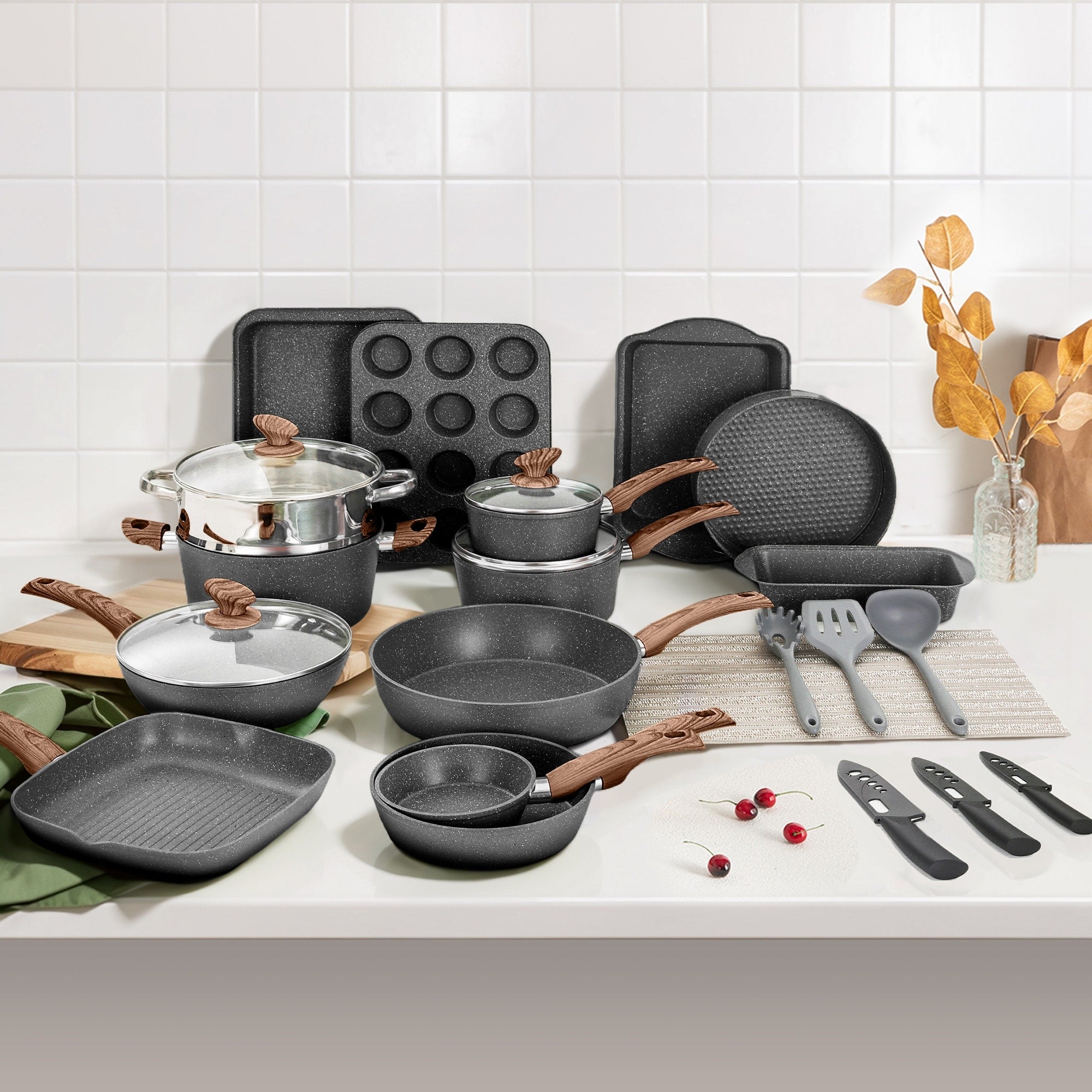 Set di pentole e teglie da cucina in granito da 30 pezzi, set di padelle antiaderenti