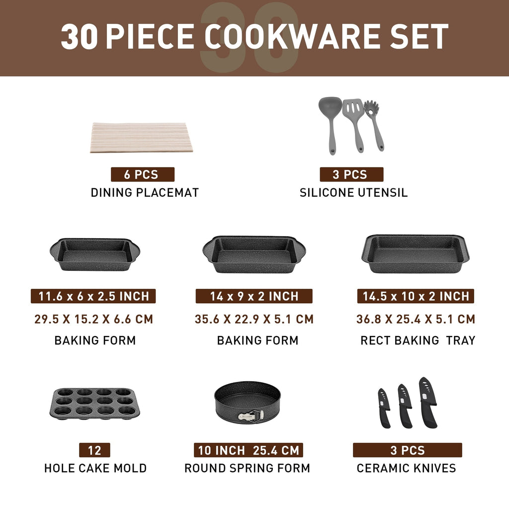 Set di pentole e teglie da cucina in granito da 30 pezzi, set di padelle antiaderenti