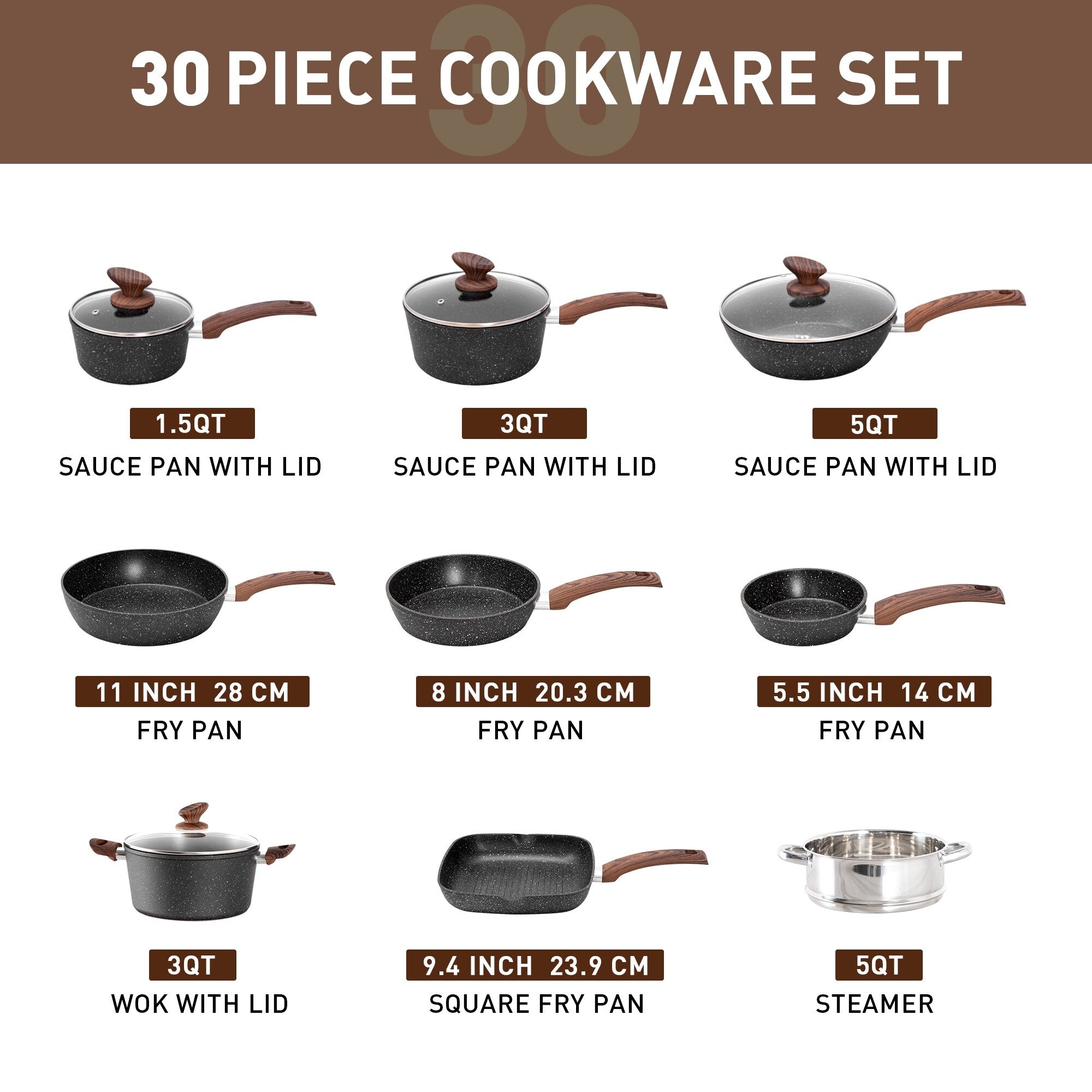 Set di pentole e teglie da cucina in granito da 30 pezzi, set di padelle antiaderenti