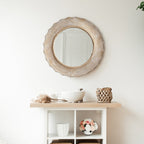 Specchio da parete decorativo rotondo in legno beige bohémien da 30 pollici per il bagno