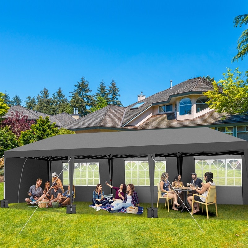 Gazebo pieghevole in tessuto Oxford da 30x10 piedi con 8 sacchi di sabbia e 8 pareti laterali con baldacchino per rimorchiatore - 30x10x8,8 piedi (larghezza x altezza x profondità)