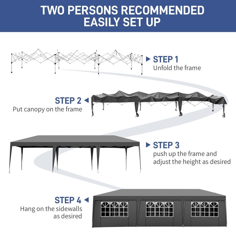 Gazebo pieghevole in tessuto Oxford da 30x10 piedi con 8 sacchi di sabbia e 8 pareti laterali con baldacchino per rimorchiatore - 30x10x8,8 piedi (larghezza x altezza x profondità)