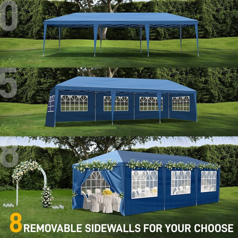 Gazebo pieghevole in tessuto Oxford da 30x10 piedi con 8 sacchi di sabbia e 8 pareti laterali con baldacchino per rimorchiatore - 30x10x8,8 piedi (larghezza x altezza x profondità)