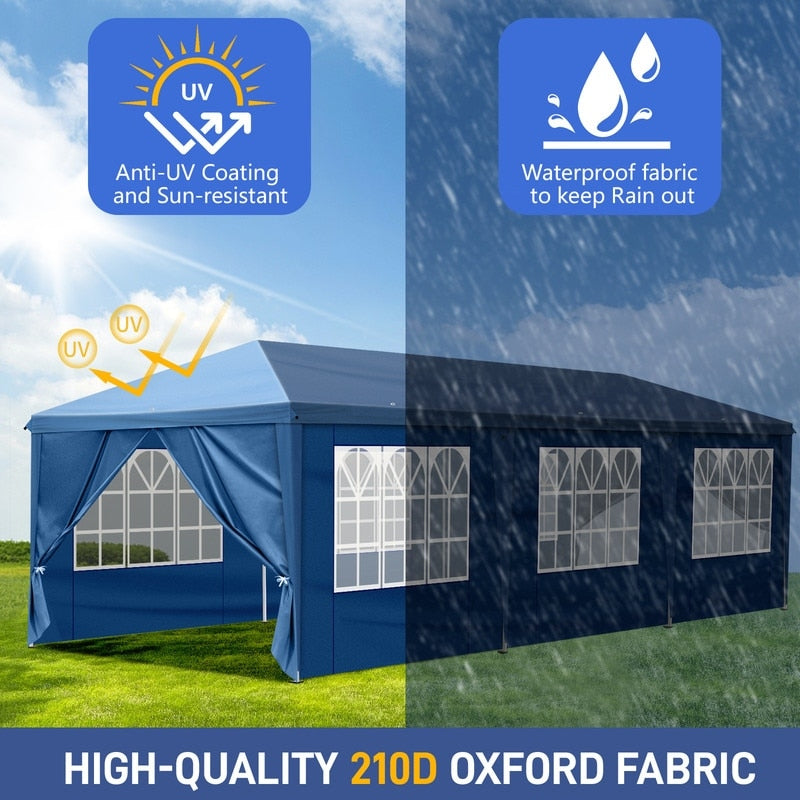 Gazebo pieghevole in tessuto Oxford da 30x10 piedi con 8 sacchi di sabbia e 8 pareti laterali con baldacchino per rimorchiatore - 30x10x8,8 piedi (larghezza x altezza x profondità)