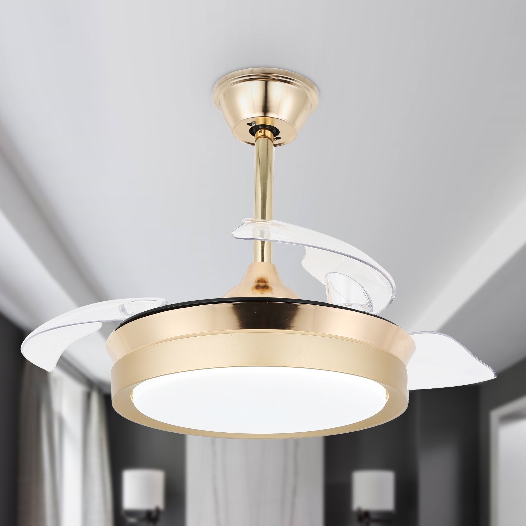 Ventilatore da soffitto retrattile moderno Bella Depot 36 con luce LED, pale reversibili a 6 velocità con telecomando