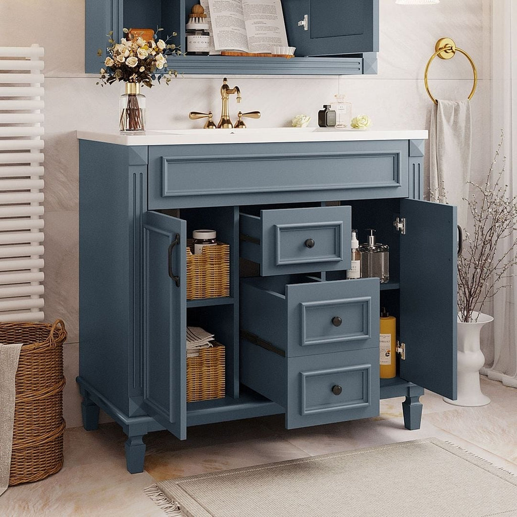 Mobile bagno moderno da 36'' con lavabo superiore e mobiletto a specchio, 2 ante e 2 cassetti
