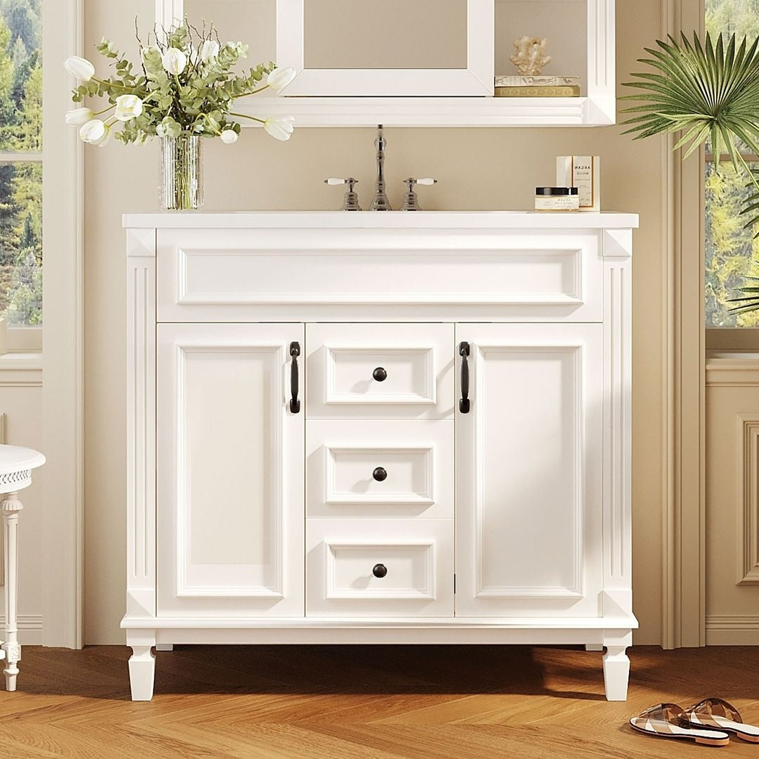 Mobile bagno moderno da 36'' con lavabo superiore e mobiletto a specchio, 2 ante e 2 cassetti