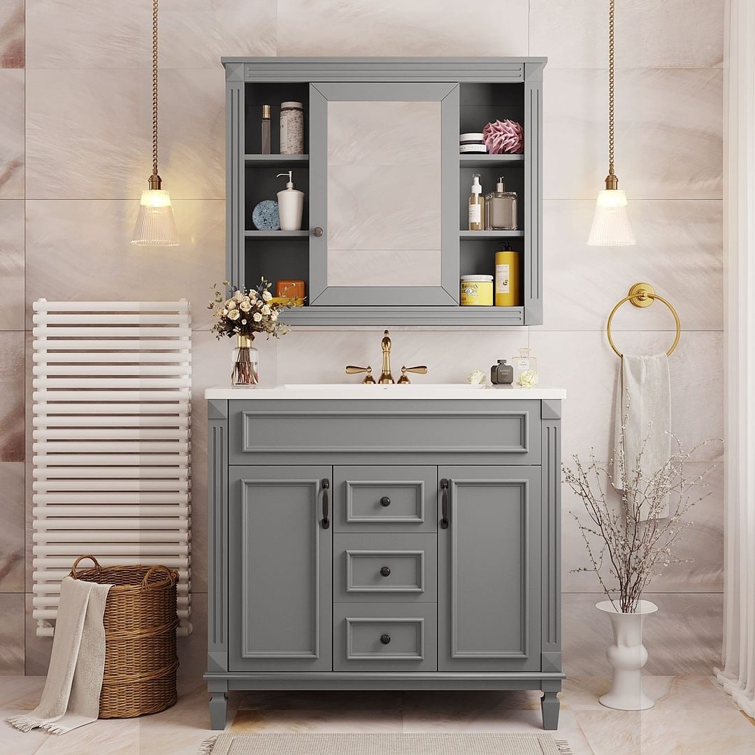 Mobile bagno moderno da 36'' con lavabo superiore e mobiletto a specchio, 2 ante e 2 cassetti