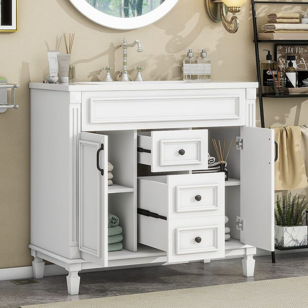 Mobile bagno moderno da 36'' con lavabo superiore e mobiletto a specchio, 2 ante e 2 cassetti