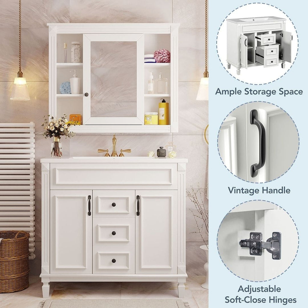 Mobile bagno moderno da 36'' con lavabo superiore e mobiletto a specchio, 2 ante e 2 cassetti
