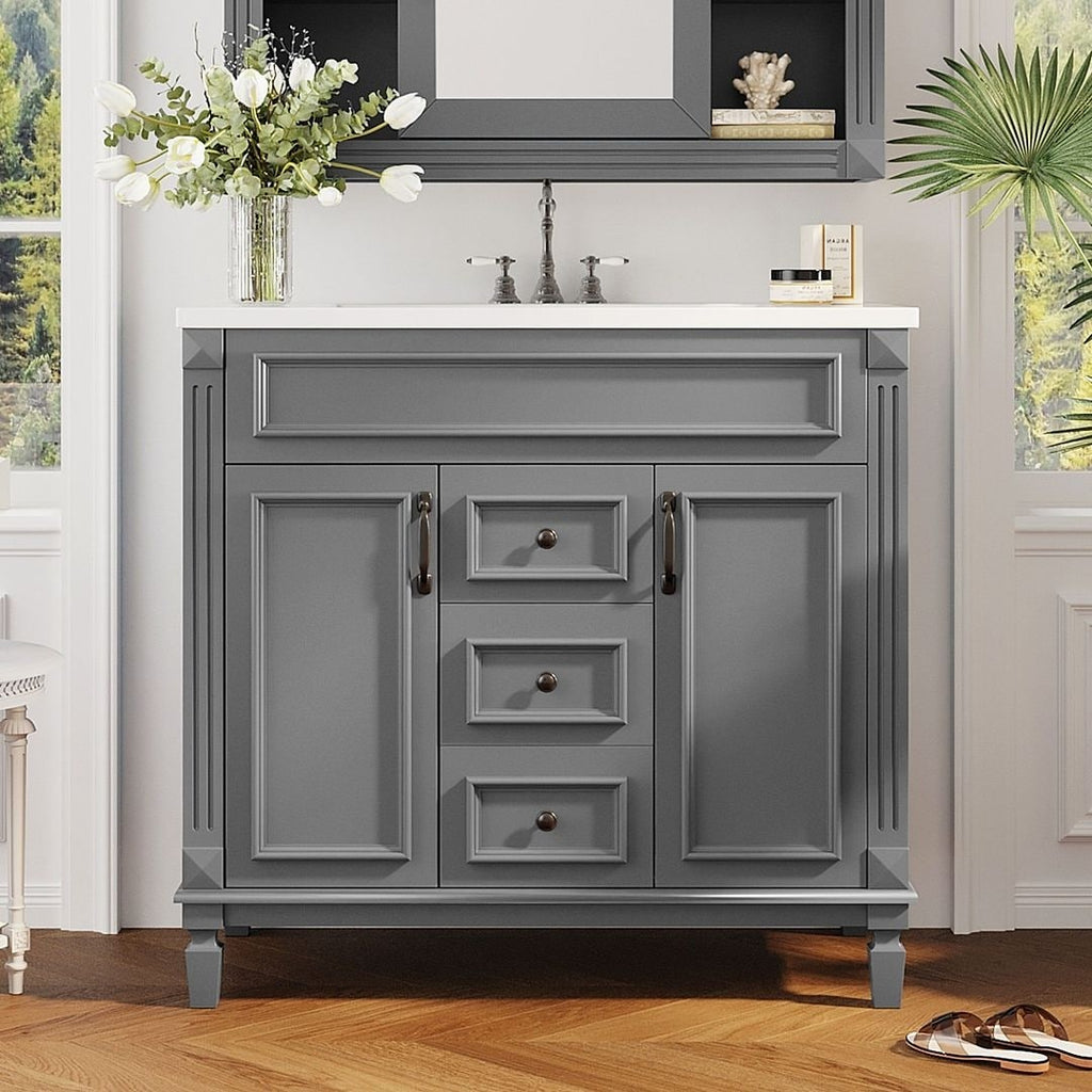 Mobile bagno moderno da 36'' con lavabo superiore e mobiletto a specchio, 2 ante e 2 cassetti