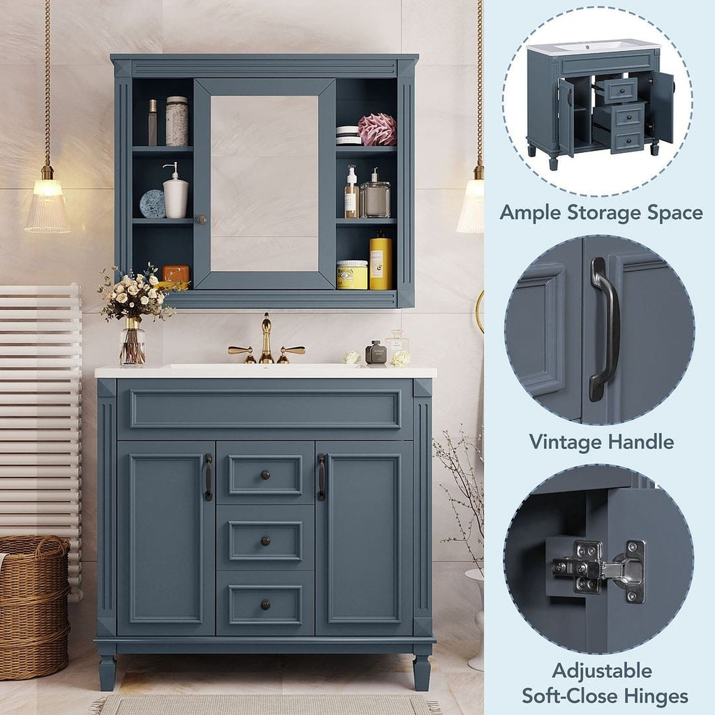 Mobile bagno moderno da 36'' con lavabo superiore e mobiletto a specchio, 2 ante e 2 cassetti