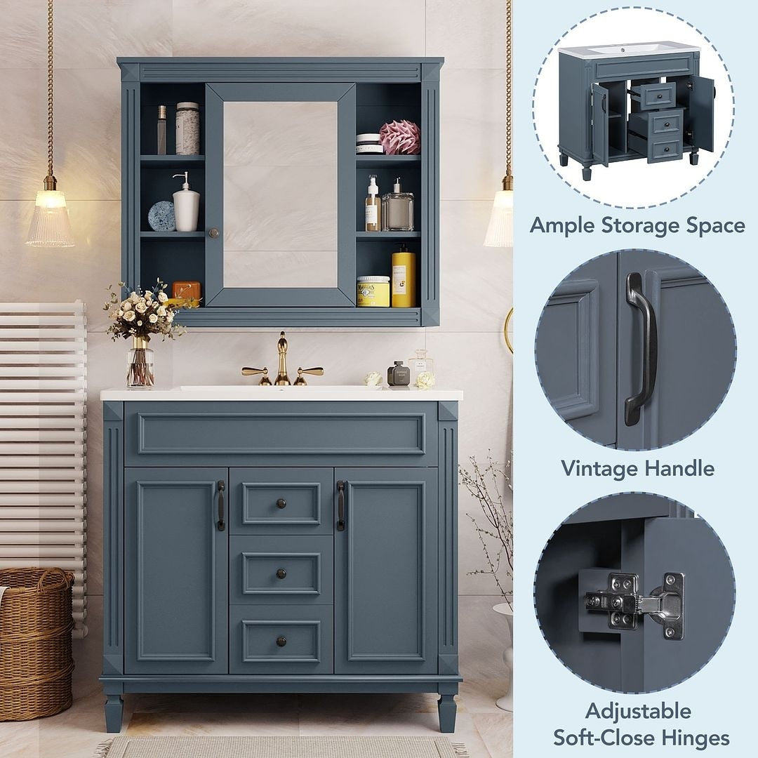 Mobile bagno moderno da 36'' con lavabo superiore e mobiletto a specchio, 2 ante e 2 cassetti