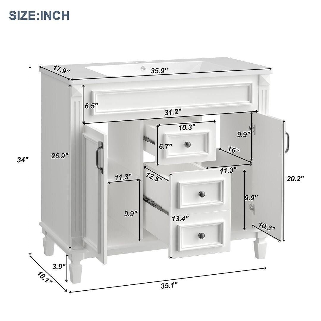 Mobile bagno moderno da 36'' con lavabo superiore e mobiletto a specchio, 2 ante e 2 cassetti
