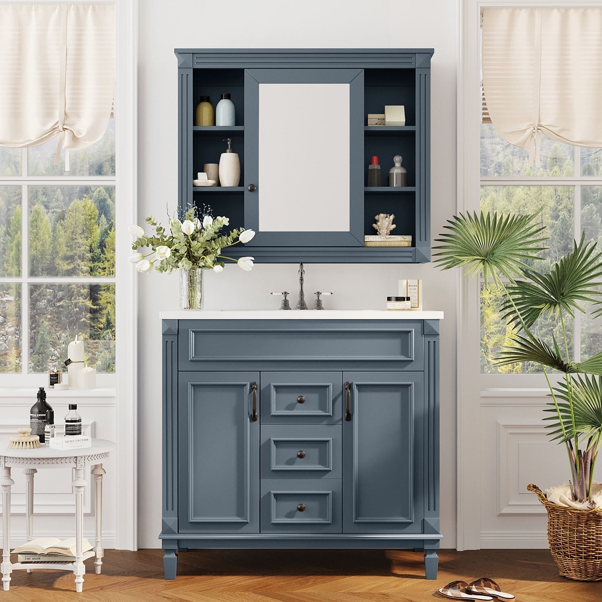 Mobile bagno moderno da 36'' con lavabo superiore e mobiletto a specchio, 2 ante e 2 cassetti