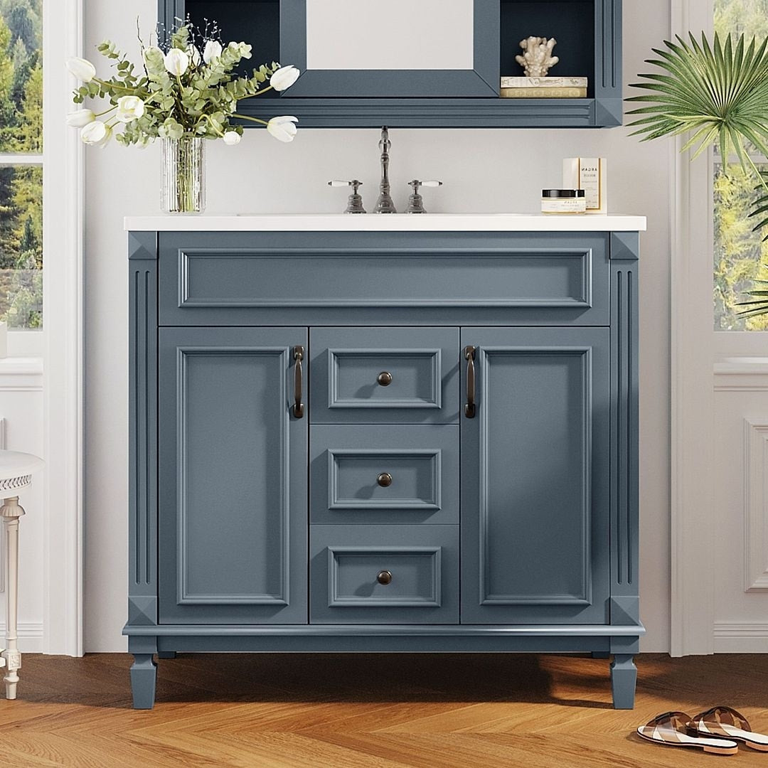 Mobile bagno moderno da 36'' con lavabo superiore e mobiletto a specchio, 2 ante e 2 cassetti