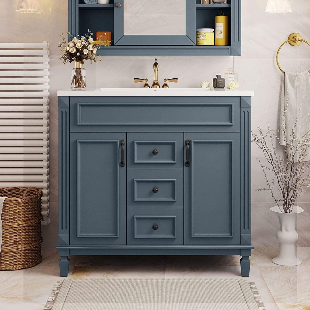 Mobile bagno moderno da 36'' con lavabo superiore e mobiletto a specchio, 2 ante e 2 cassetti
