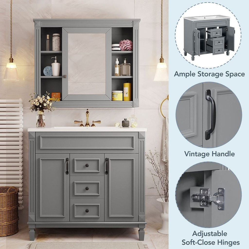 Mobile bagno moderno da 36'' con lavabo superiore e mobiletto a specchio, 2 ante e 2 cassetti