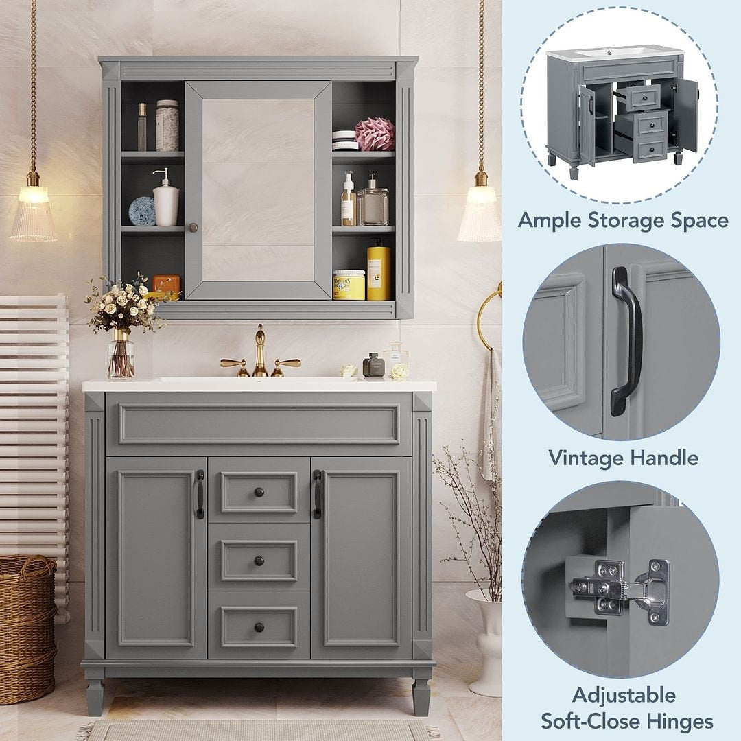 Mobile bagno moderno da 36'' con lavabo superiore e mobiletto a specchio, 2 ante e 2 cassetti