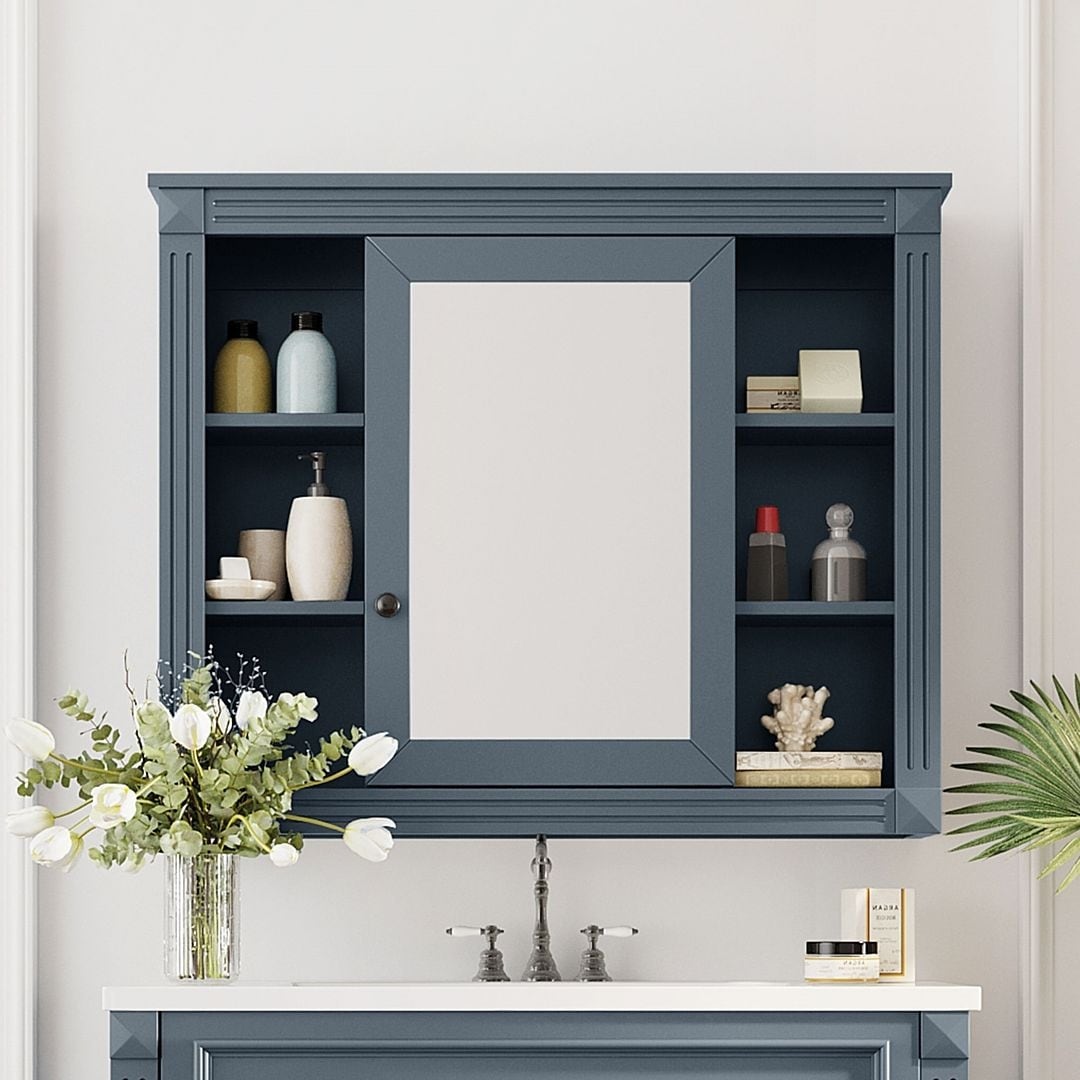 Mobile bagno moderno da 36'' con lavabo superiore e mobiletto a specchio, 2 ante e 2 cassetti