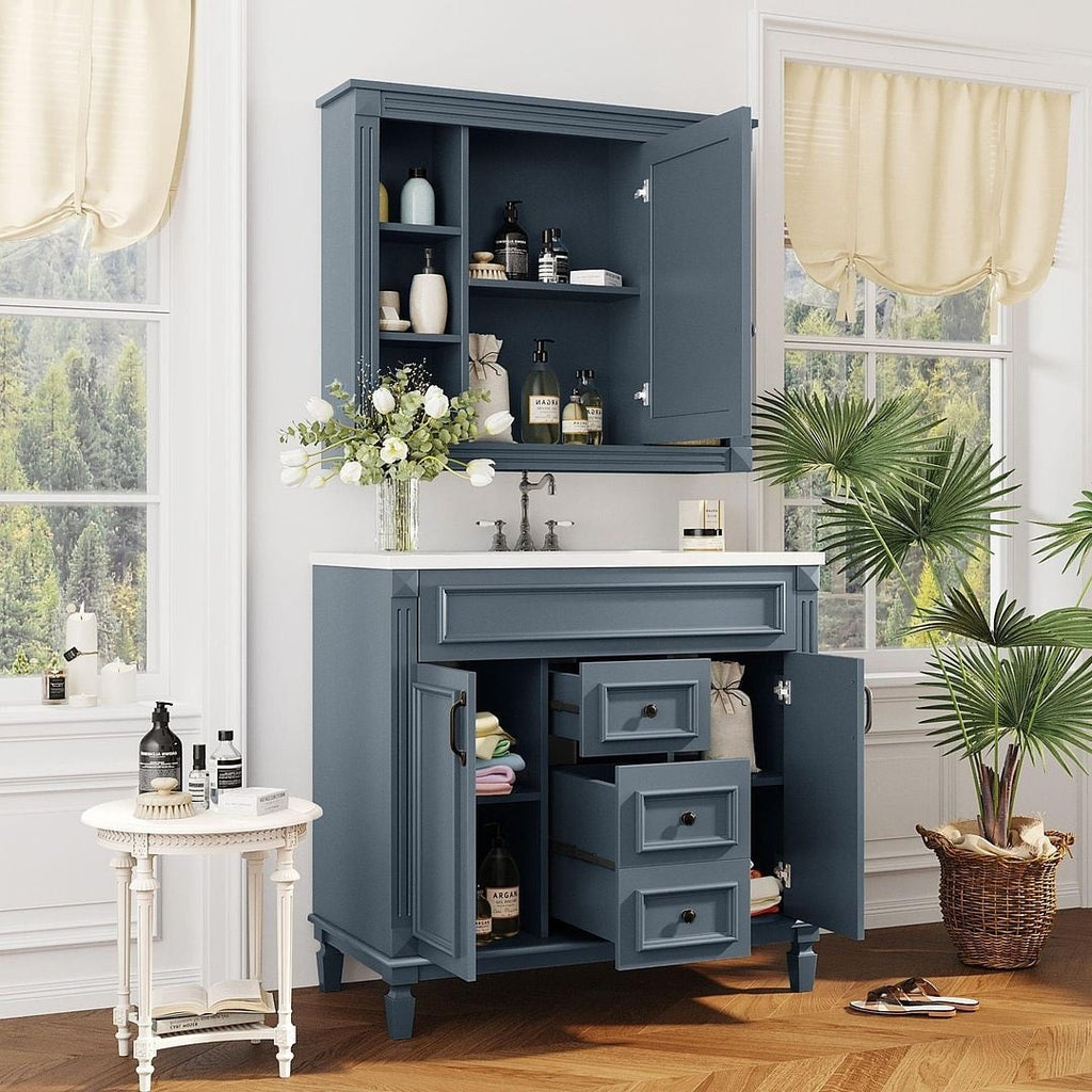 Mobile bagno moderno da 36'' con lavabo superiore e mobiletto a specchio, 2 ante e 2 cassetti