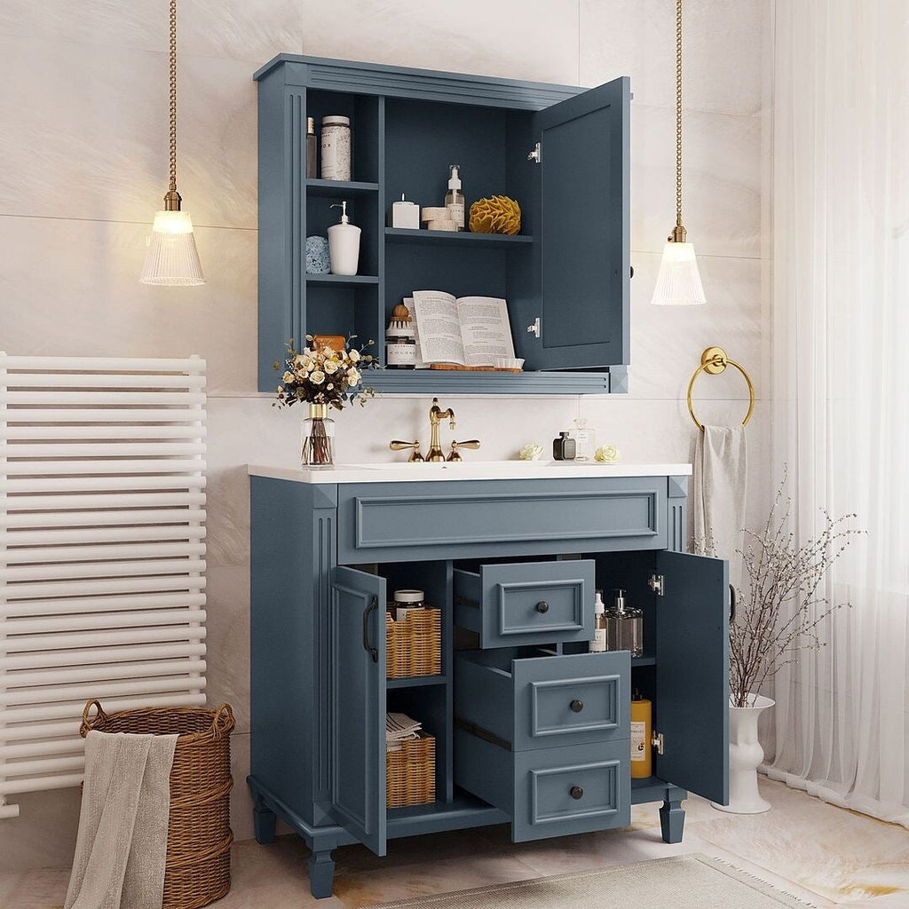 Mobile bagno moderno da 36'' con lavabo superiore e mobiletto a specchio, 2 ante e 2 cassetti