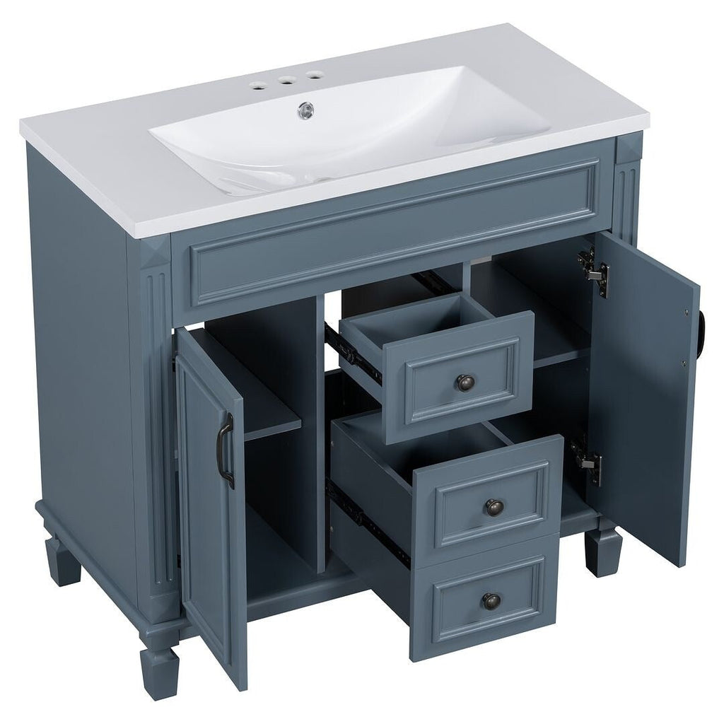 Mobile bagno moderno da 36'' con lavabo superiore e mobiletto a specchio, 2 ante e 2 cassetti