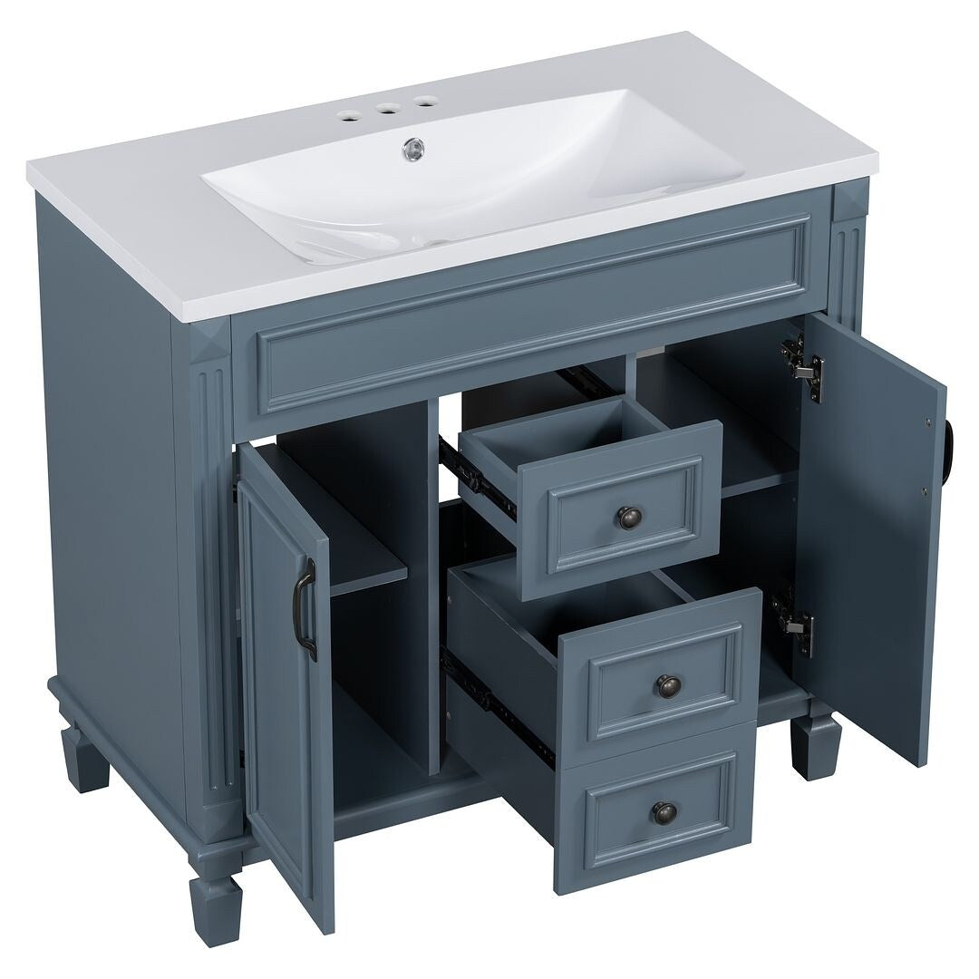 Mobile bagno moderno da 36'' con lavabo superiore e mobiletto a specchio, 2 ante e 2 cassetti