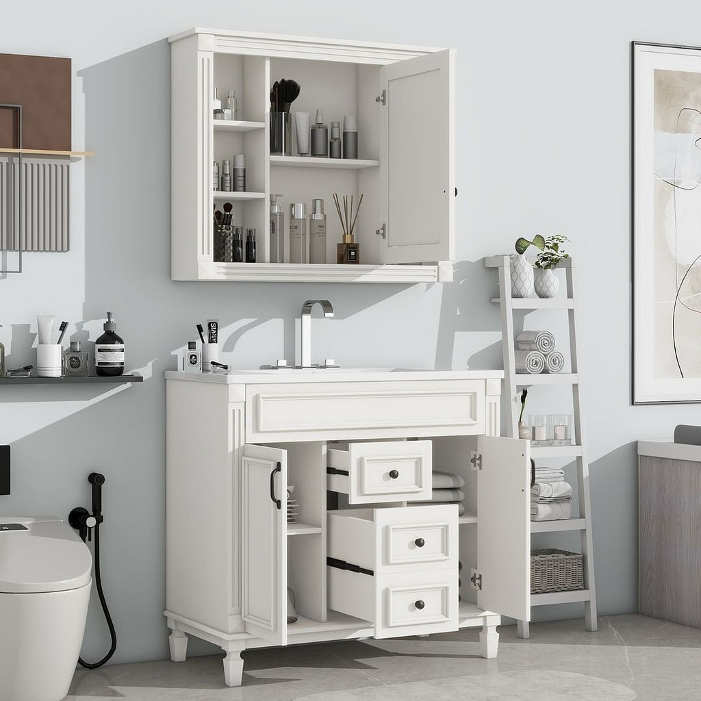 Mobile bagno moderno da 36'' con lavabo superiore e mobiletto a specchio, 2 ante e 2 cassetti