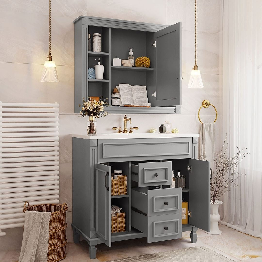 Mobile bagno moderno da 36'' con lavabo superiore e mobiletto a specchio, 2 ante e 2 cassetti
