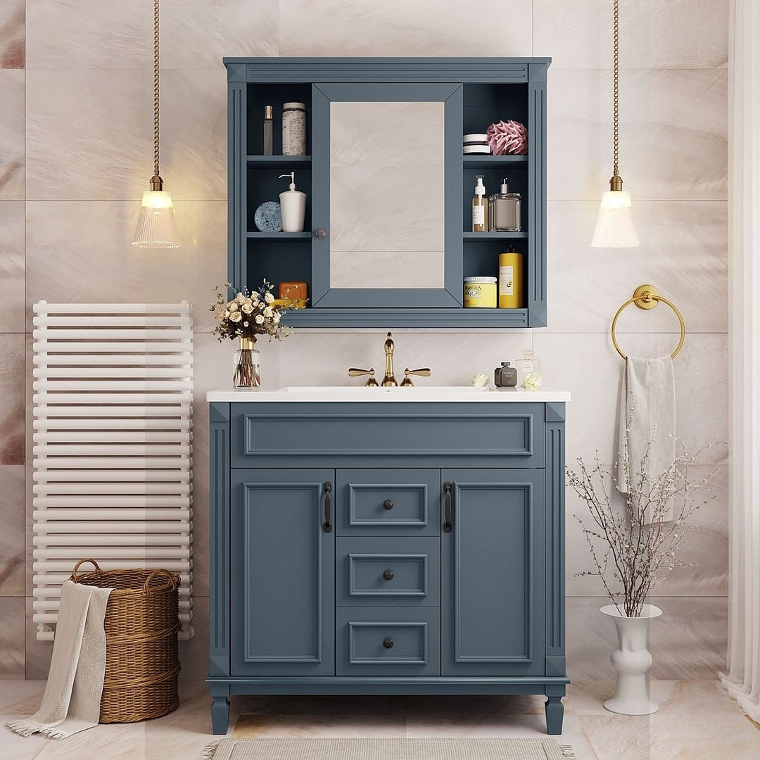 Mobile bagno moderno da 36'' con lavabo superiore e mobiletto a specchio, 2 ante e 2 cassetti