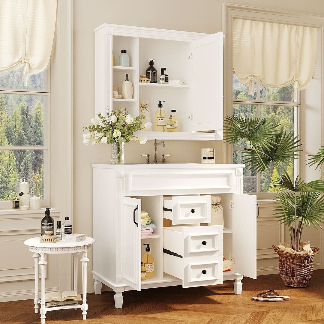 Mobile bagno moderno da 36'' con lavabo superiore e mobiletto a specchio, 2 ante e 2 cassetti