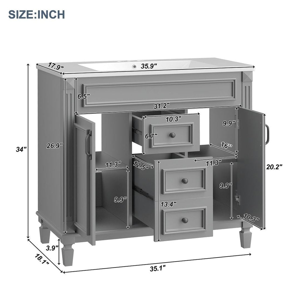 Mobile bagno moderno da 36'' con lavabo superiore e mobiletto a specchio, 2 ante e 2 cassetti