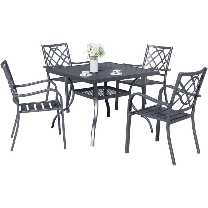 Tavolo da pranzo rettangolare in metallo con doghe per patio esterno 60 x 37 con foro per ombrellone per 6 persone
