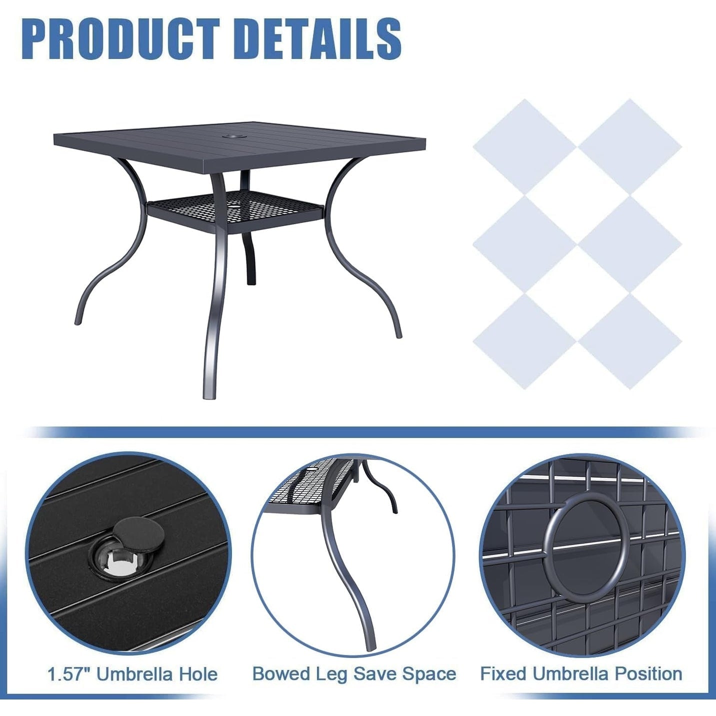 Tavolo da pranzo rettangolare in metallo con doghe per patio esterno 60 x 37 con foro per ombrellone per 6 persone