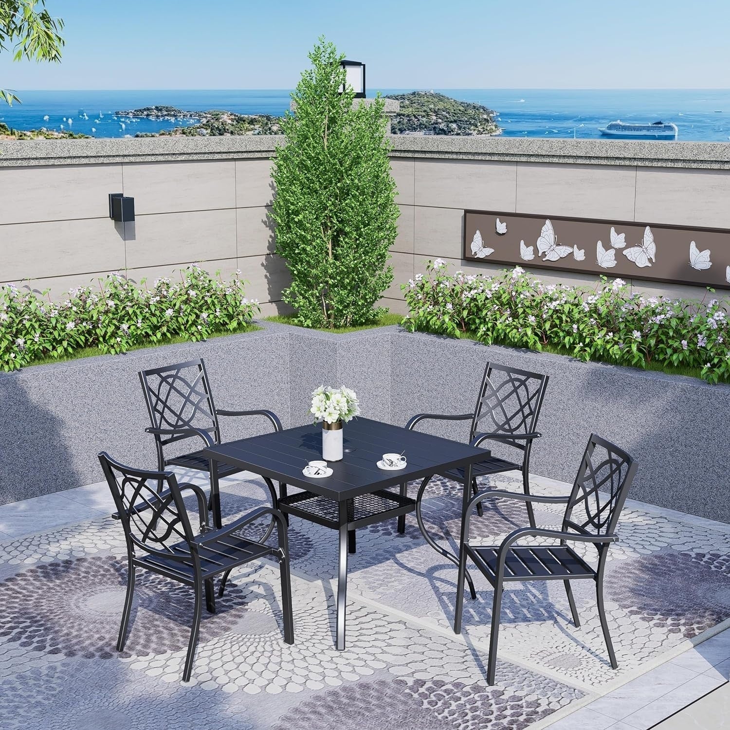 Tavolo da pranzo rettangolare in metallo con doghe per patio esterno 60 x 37 con foro per ombrellone per 6 persone