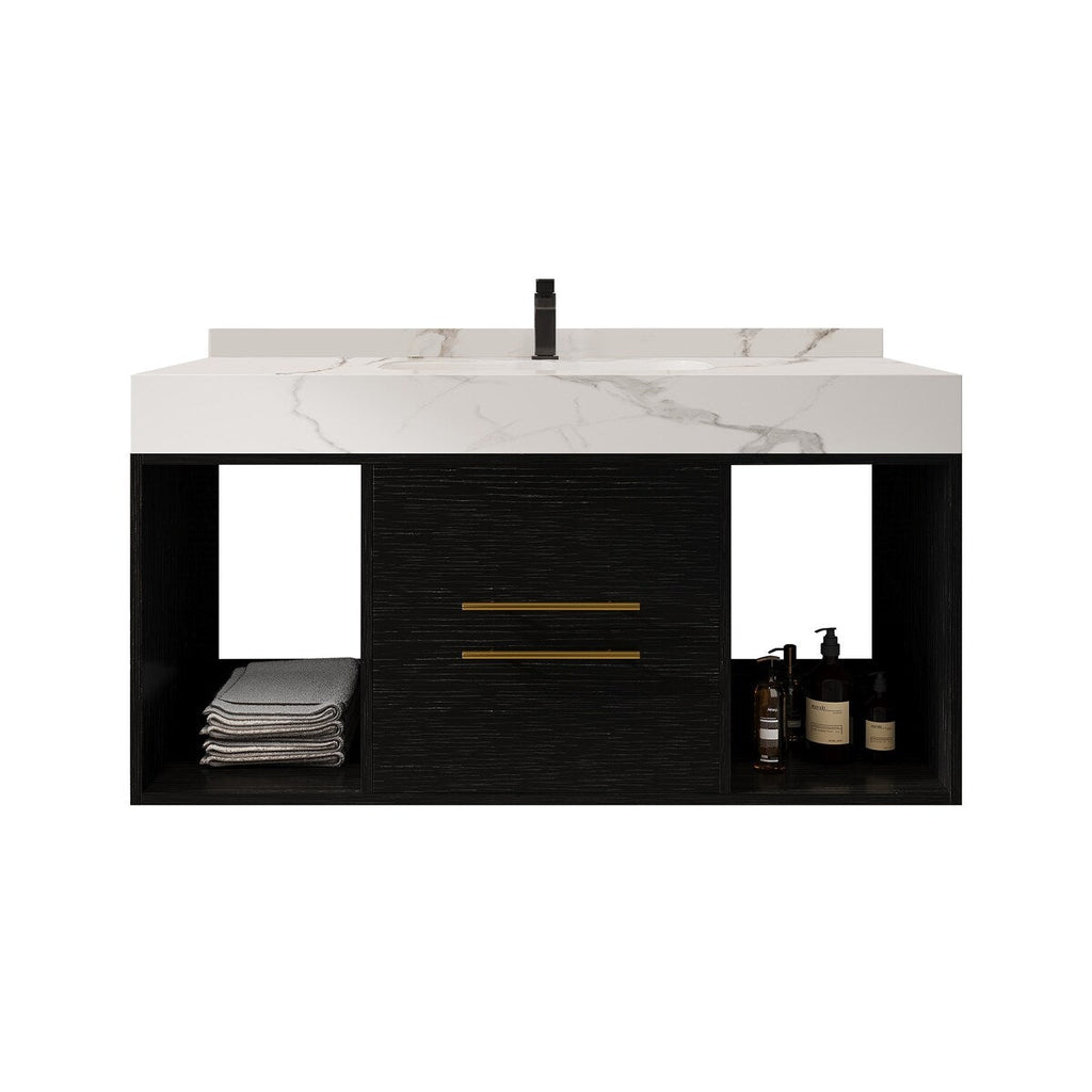 Mobile bagno sospeso da 39,4'' con lavabo in ceramica, mobile sospeso a parete, 2 cassetti con chiusura ammortizzata e piano in ardesia bianca - 39'4 x 18'9